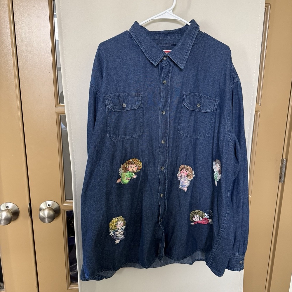 Wrangler Womens 3x Blue Denim Long Sleeve Button Up Short Embroidered Angels‎